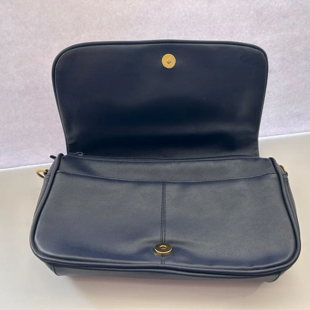 Vintage 90s Slouchy Navy Crossbody Bag with Flap and Gold Hardware